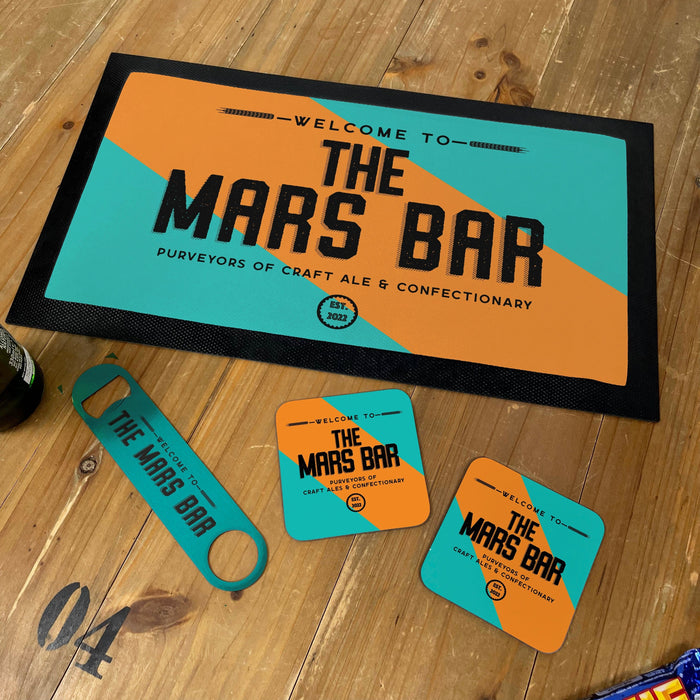 Personalised Home Bar Accessory Set - Bar Mat, Coasters, Bottle Opener & Pub Snacks