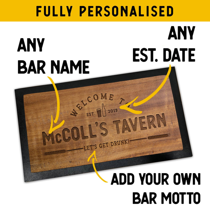 Personalised Bar Mat and Coasters Wood Accessories for a Home Bar