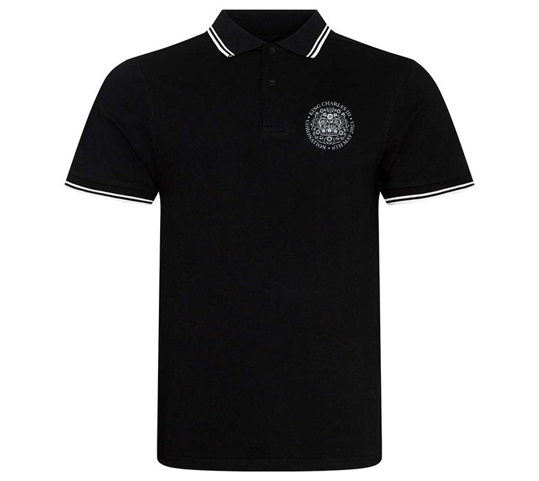 King Charles Coronation Emblem Embroidered Black & White Polo Shirt