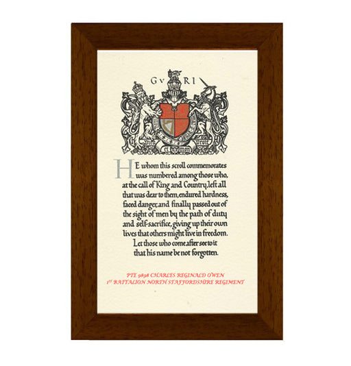 World War 1 Memorial Scroll Framed