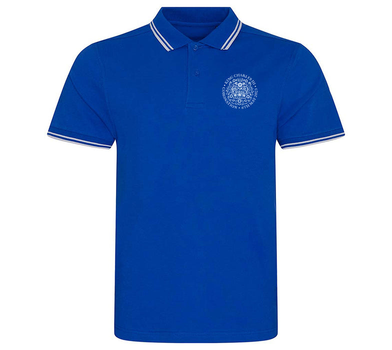 King Charles Coronation Emblem Embroidered Royal Blue & White Polo Shirt